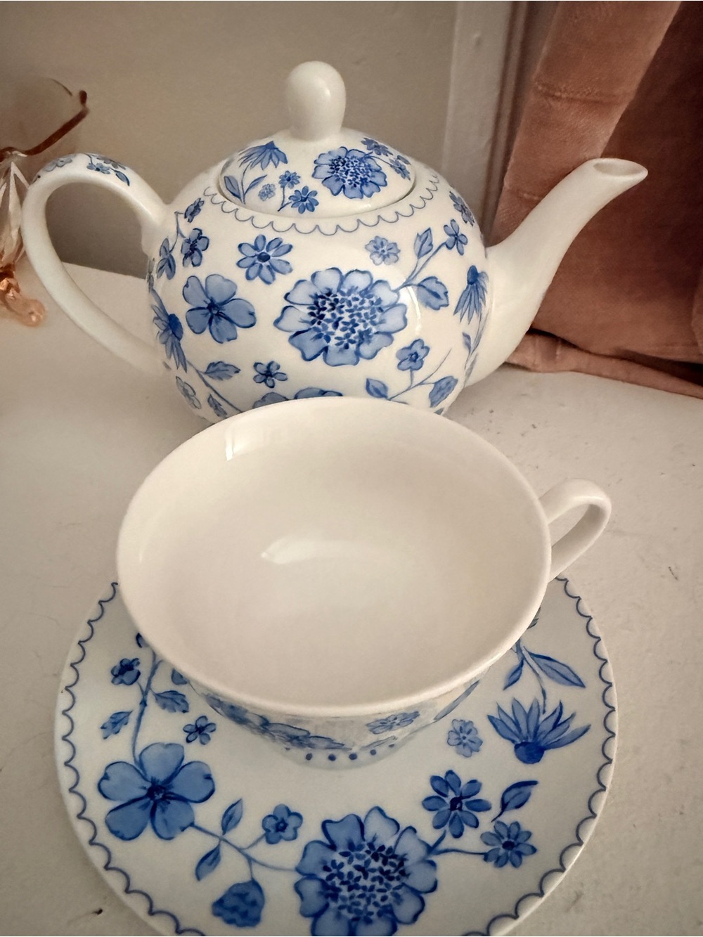 Harvest Green Studio Blue Floral Teapot Cup Saucer 3 Pc Tea Set